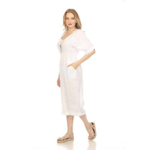 White Half Sleeves Elastic Waist Jumpsuit - Picture 3 of 6